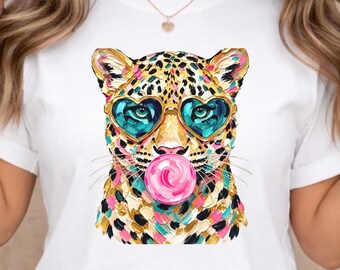 Bubblegum Leopard T-Shirt, Heart Sunglasses Graphic Tee, Pink and Teal Animal Shirt