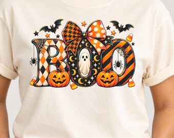 BOO Halloween Shirt for Women, Coquette Bow Graphic Tee, Cute Ghost and Pumpkin Shirt, Orange and Black Spooky Tee