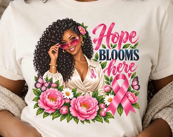 Breast Cancer Awareness Shirt, Hope Blooms Here, Pink Ribbon Floral Tee, Black Woman Art