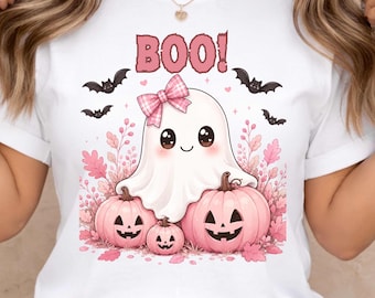 Cute Ghost Halloween Shirt, Comfort Colors Tee with Pink Pumpkins and Plaid Bow