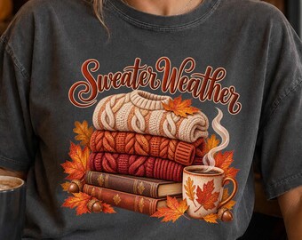 Sweater Weather Shirt, Cozy Fall Graphic Tee with Books, Coffee and Autumn Leaves