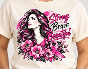 Breast Cancer Awareness Shirt, Strong Brave Beautiful Comfort Colors Tee, Pink Ribbon Floral Shirt for Women