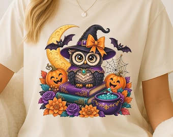 Witchy Owl Halloween Shirt, Cute Book Lover Graphic Tee