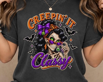 Creepin’ It Classy Comfort Colors Shirt, Glam Skeleton Halloween Tee, Retro Spooky T-Shirt