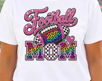 Football Mom Shirt, Pink Faux Glitter Rainbow Leopard Tee, Checkered Game Day Shirt, Sports Mom Gift, Comfort Colors T-Shirt
