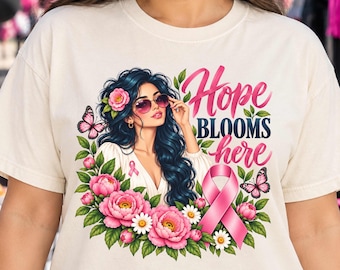 Breast Cancer Awareness Shirt, Hope Blooms Here, Floral Pink Ribbon Tee, Woman with Sunglasses