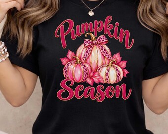 Pumpkin Season Shirt, Pink Pumpkins & Leopard Bow, Coquette Fall Graphic Tee