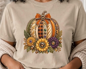 Faux Jeweled Pumpkin Comfort Colors Shirt, Ornate Fall Floral Tee, Boutique Autumn T-Shirt