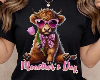 Schattig shirt Highland Cow Moederdag, grappige koe moeder cadeau, roze strik koe T-shirt, mama cadeau shirt, bloemen shirt koe, schattig dier grafisch T-shirt