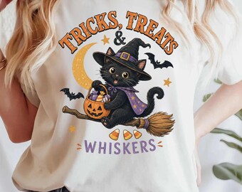 Halloween Black Cat Sweatshirt, Tricks Treats & Whiskers, Comfort Colors Witch Cat Crewneck
