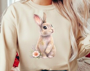 Schattig konijntjessweatshirt, esthetische lente ronde hals, bloemen konijn shirt, paashaas trui, minimalistisch Cottagecore-cadeau, Gildan 18000