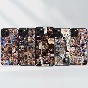 Könnte beinhalten: Fünf schwarze Handyhüllen mit verschiedenen Collage-Designs mit Basketballspielern. Die Hüllen zeigen Bilder von Spielern in Aktion, mit der Nummer 30 prominent dargestellt. Eine Hülle hat den Text "Freaking Curry".