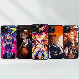 May include: A collection of five black phone cases with colorful anime-style illustrations. The designs feature various characters in vibrant colors, including a musician with a cello, and figures with hats and flowers.
