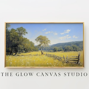 Rustic Frame TV Art, Cottagecore Farmhouse Landscape, Serene Sunlit Meadow with Split-Rail Fence, Warm Pastoral Scene, Digital Download