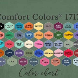 May include: A Comfort Colors 1717 color chart featuring a grid of hexagonal swatches. Each hexagon displays a unique color name including White, Black, Chalky Mint, Royal Caribe, Burnt Orange, Butter, Grey, Vineyard, Sea Foam, Flo Blue, Light Green, and others.