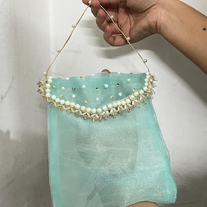 Mint Green Organza Potli Bag | Pearl Border, Gold Handle Clutch, Handmade Indian Favor Bag