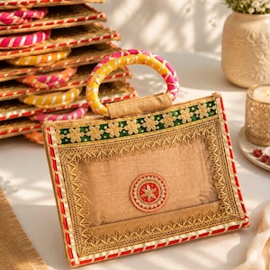 Könnte beinhalten: Eine rechteckige Tasche aus beigem Jute-Stoff mit einem kreisförmigen, rot-goldenen Stickemblem in der Mitte. Die Tasche hat einen grünen Rand mit goldener Blumenstickerei, rot-weiße Streifenverzierungen und einen runden, mit rosa-gelbem Stoff umwickelten Griff.