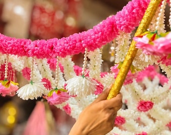 Phoolon Ki Chadar Wedding Entry Canopy White Pink Rose Floral Grid Backdrop Indian Bride Entrance Decor Pearl Tassel Haldi Mehndi Decor