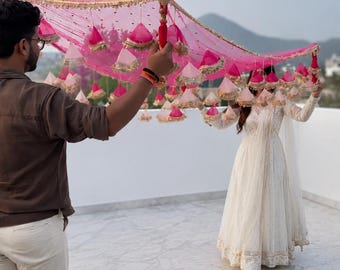 Pink Ombre Phoolon Ki Chadar with Cone Tassels | Bridal Entry Canopy Wooden Handle | Indian Wedding Vidaai Decor | Haldi Mehndi
