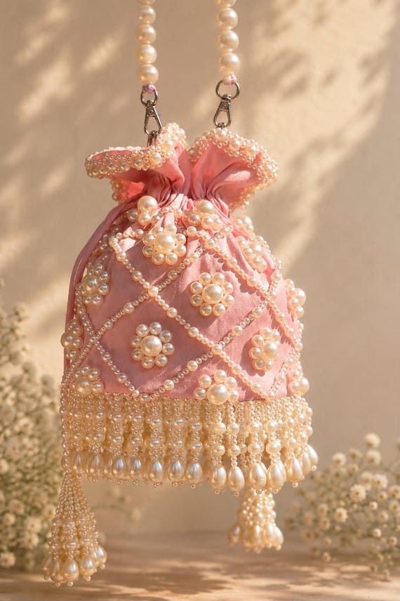 Pink Pearl Beaded Potli Bag Handmade Bridal Clutch Pearl Chain Handle Indian Wedding Purse