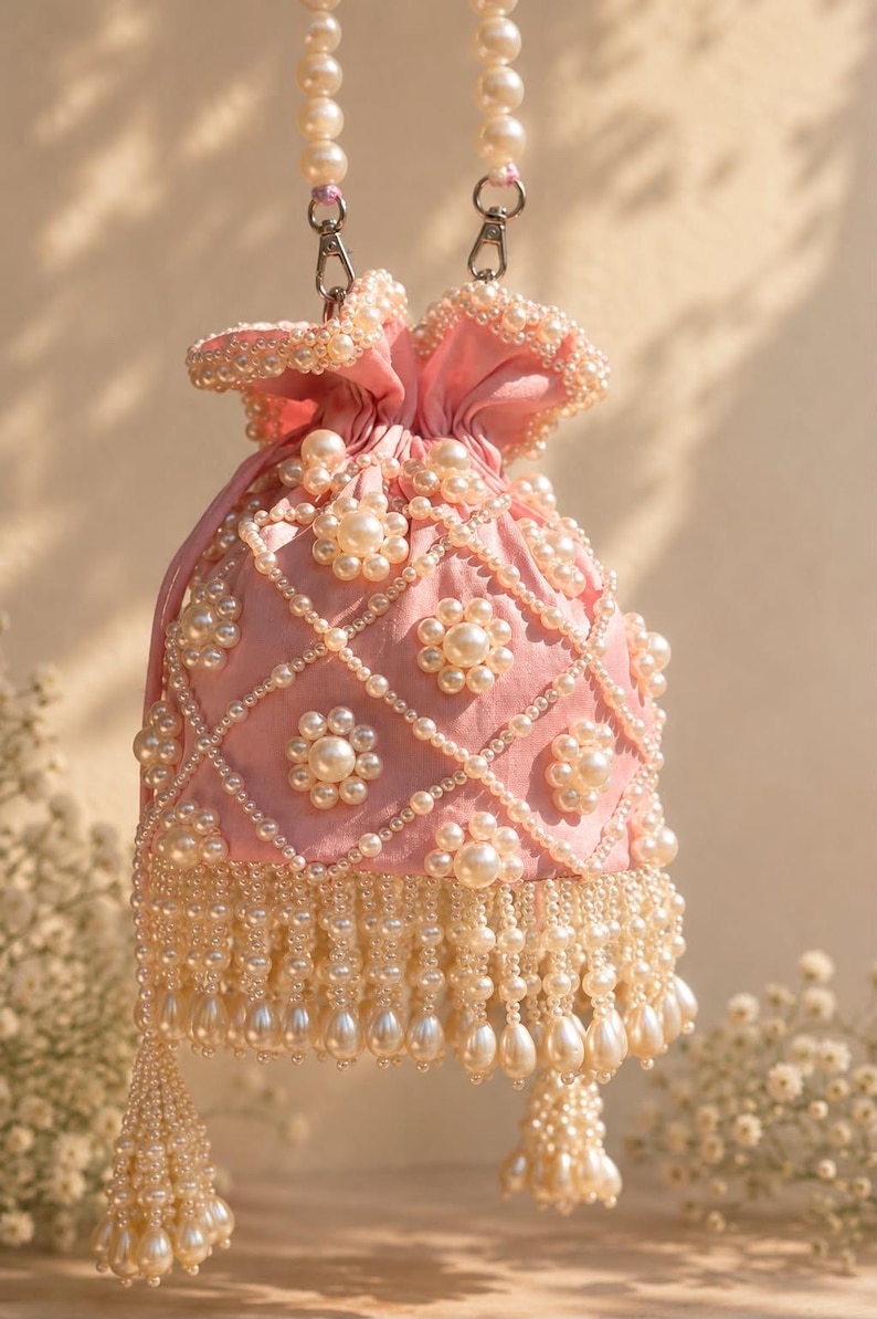 May include: A light pink drawstring pouch bag featuring a lattice pattern of white faux pearls. The bag is adorned with floral-shaped pearl clusters and a dense fringe of dangling teardrop and round pearls at the base, with a pearl handle.
