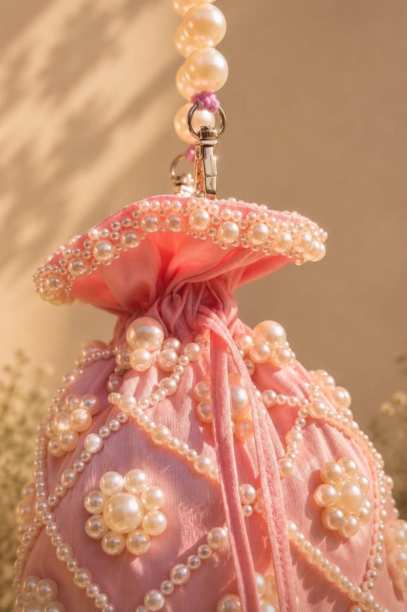 May include: A light pink drawstring pouch bag featuring a gathered top and a handle made of large white faux pearls. The exterior is decorated with intricate patterns of white faux pearls arranged in floral shapes and connected by beaded strands.