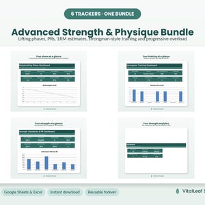 May include: A digital bundle of six strength and physique trackers for Google Sheets and Excel. The display features four dashboard views with data tables, bar charts, and line graphs for tracking lifting phases, PRs, and 1RM estimates.