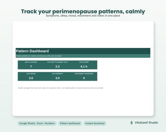 Perimenopause Wellness Tracker Spreadsheet | Symptom, Sleep & Mood Pattern Tracker | Google Sheets, Excel