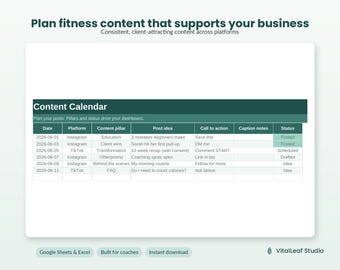 Fitness Coach Content Calendar Spreadsheet | Social Media Planner with Idea Bank for Personal Trainers | Google Sheets, Excel