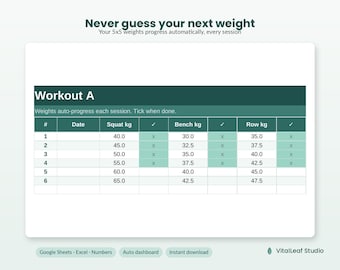 5x5 Workout Tracker Spreadsheet | Auto-Progression Strength Log for StrongLifts-Style 5x5 | Google Sheets, Excel