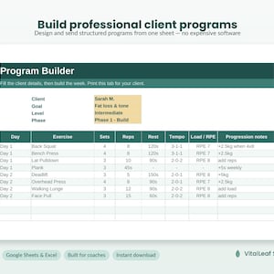 Personal Trainer Program Builder Spreadsheet | Build & Send Client Workout Programs | Google Sheets, Excel, Numbers