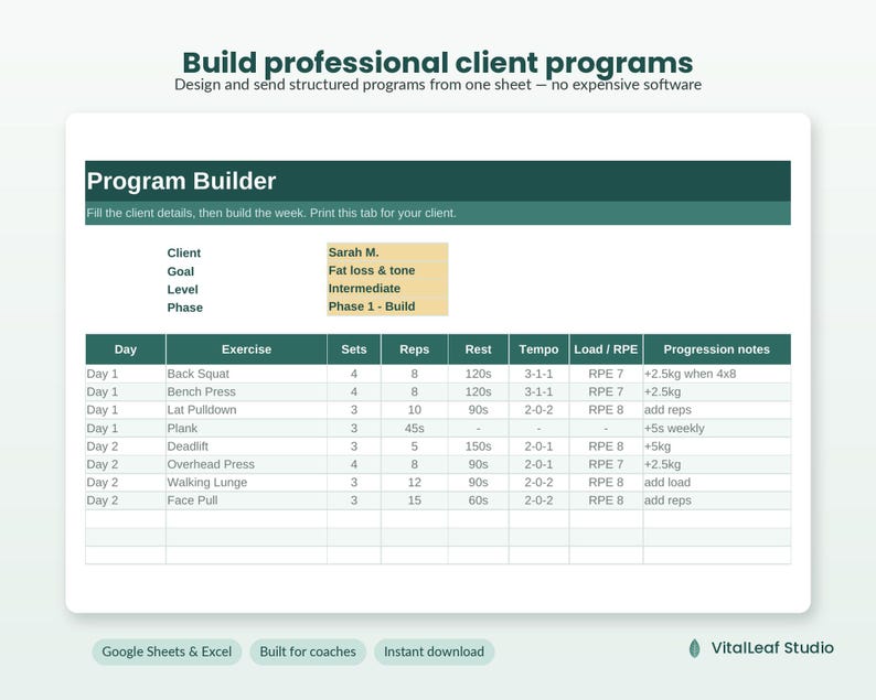May include: A digital programme builder template for coaches featuring a dark green header with the text Program Builder. The spreadsheet includes columns for day, exercise, sets, reps, rest, tempo, load, RPE, and progression notes with sample data.