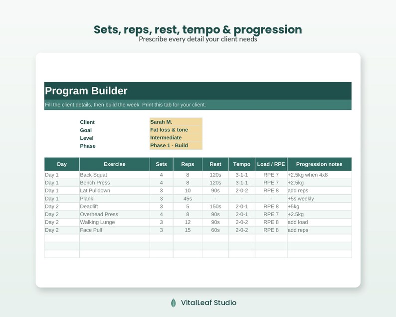 May include: A digital programme builder spreadsheet template with dark green headers. It includes fields for client details, goals, and a structured table for exercises, sets, reps, rest, tempo, load, RPE, and progression notes for a fitness routine.