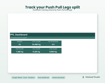 Push Pull Legs Tracker Spreadsheet | PPL Workout Log with Automatic Volume by Day Type | Google Sheets, Excel, Numbers