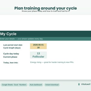 Puede incluir: Un panel digital titulado Plan training around your cycle con el subtítulo Know your phase today and how to train and fuel for it. Muestra datos de My Cycle, incluyendo fecha de inicio de la última regla 2026-06-01, ciclo de 28 días, día 13 y fase folicular.