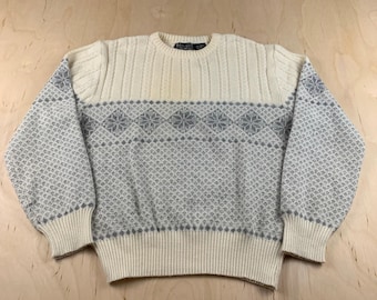 Suéter nórdico Andrew StJohn para hombre, talla L, color crema gris, excelente, estilo vintage Fair Isle.