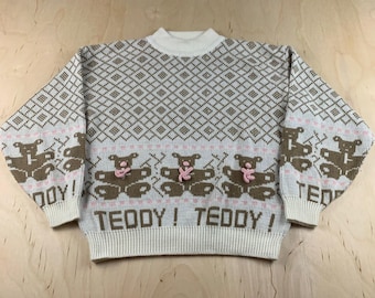 Maglione vintage in maglia con orsetto di peluche, taglia S da donna, color crema, con fiocco 3D, stile Grandmacore.