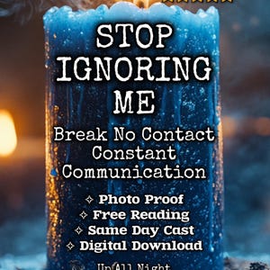 Op de afbeelding: Een blauwe kaars met de tekst "STOP IGNORING ME" en andere zinnen die betrekking hebben op communicatie. De kaars is aangestoken, met een vlam bovenaan. De afbeelding bevat ook de tekst "Urgent Cast" en sterpictogrammen.