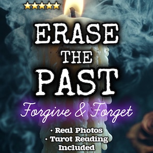 Könnte beinhalten: Eine brennende Kerze mit schmelzendem Wachs zeigt den Text ERASE THE PAST, Forgive & Forget, Real Photos, Tarot Reading Included und Up All Night Magick, gekrönt von fünf gelben Sternen vor einem dunklen, rauchigen Hintergrund.