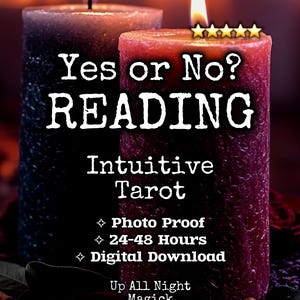 Könnte beinhalten: Zwei strukturierte Stumpenkerzen, eine dunkelviolett und eine tiefrot, brennen mit sichtbaren Flammen. Der Text lautet: Yes or No? READING, Intuitive Tarot, Photo Proof, 24-48 Hours, Digital Download, Up All Night Magick, mit fünf gelben Sternen.
