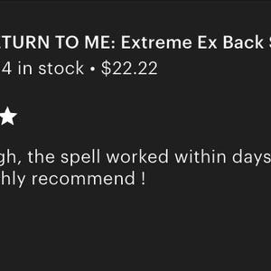 Puede incluir: Imagen de un anuncio de Etsy para una vela llamada "RETURN TO ME: Extreme Ex Back Spell". La imagen muestra una calificaci&oacute;n de cinco estrellas y una rese&ntilde;a de cliente que menciona la efectividad del hechizo. La rese&ntilde;a est&aacute; fechada el 4 de mayo.