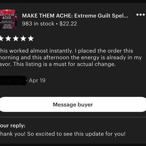 Puede incluir: Captura de pantalla de un anuncio de Etsy titulado "MAKE THEM ACHE: Extreme Guilt Spell..." con una imagen del producto. El anuncio tiene una calificaci&oacute;n de cinco estrellas y una rese&ntilde;a de cliente. Un bot&oacute;n dice "Message buyer".