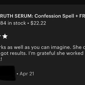 Puede incluir: Un anuncio de Etsy para "TRUTH SERUM: Confession Spell" con una imagen del producto. La imagen incluye un logotipo del producto, rese&ntilde;as de clientes con cinco estrellas y un testimonio de un cliente. El anuncio tambi&eacute;n muestra el n&uacute;mero de art&iacute;culos en stock.
