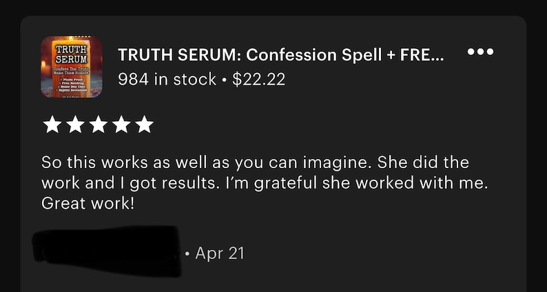 Puede incluir: Un anuncio de Etsy para "TRUTH SERUM: Confession Spell" con una imagen del producto. La imagen incluye un logotipo del producto, rese&ntilde;as de clientes con cinco estrellas y un testimonio de un cliente. El anuncio tambi&eacute;n muestra el n&uacute;mero de art&iacute;culos en stock.