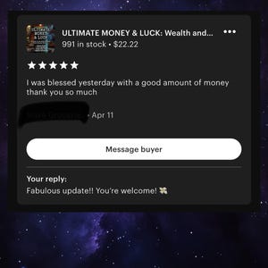 Puede incluir: Una captura de pantalla de un anuncio de Etsy para un producto titulado "ULTIMATE MONEY & LUCK: Wealth and..." con una rese&ntilde;a de cliente. La rese&ntilde;a dice "Ayer fui bendecido con una buena cantidad de dinero, muchas gracias."