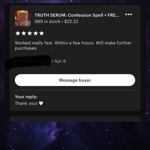 Puede incluir: Una captura de pantalla de una rese&ntilde;a de un anuncio de Etsy para un producto llamado "TRUTH SERUM: Confession Spell + FRE...". La rese&ntilde;a incluye una calificaci&oacute;n de cinco estrellas y un comentario positivo. La respuesta dice "&iexcl;Gracias!" con un emoji de coraz&oacute;n.