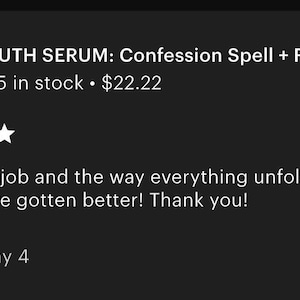Puede incluir: Imagen de un anuncio de Etsy para "TRUTH SERUM: Confession Spell". El anuncio incluye una imagen del producto, valoraciones de cinco estrellas y una rese&ntilde;a de cliente. La rese&ntilde;a dice: "Spell did its job and the way everything unfolded couldn't have gotten better! Thank you!"