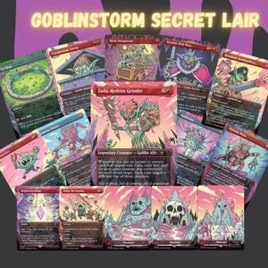 Może przedstawiać: Kolekcja kart Magic: The Gathering z serii "Goblinstorm Secret Lair". Karty przedstawiają kolorowe ilustracje goblinów i fantastycznych krajobrazów. Tekst "GOBLINSTORM SECRET LAIR" znajduje się na górze.