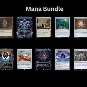 Puede incluir: Una colección de diez cartas de Magic: The Gathering, con varias ilustraciones y texto. Las cartas están dispuestas en dos filas de cinco, sobre un fondo negro. El texto "Mana Bundle" está en la parte superior.