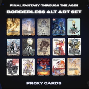 Puede incluir: Una colección de quince cartas proxy Final Fantasy: Through the Ages con arte alternativo sin bordes, dispuestas en una cuadrícula. Cada tarjeta rectangular presenta ilustraciones de personajes, texto de juego y símbolos sobre un fondo oscuro.